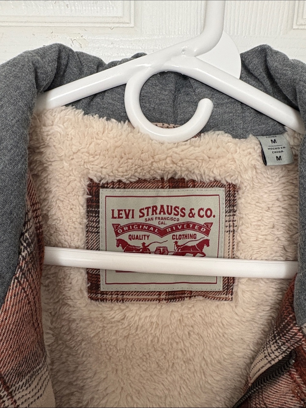 Men’s Levi’s Strauss & Co. Sherpa-Lined Plaid Jacket - Cream & Rust Size M - Picture 3 of 5
